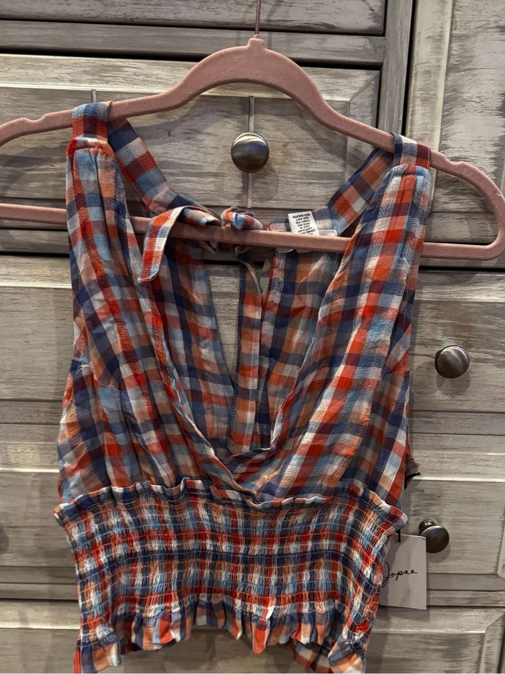 Japna Orange and Blue Plaid Tie-Back Smocked Crop Camisole